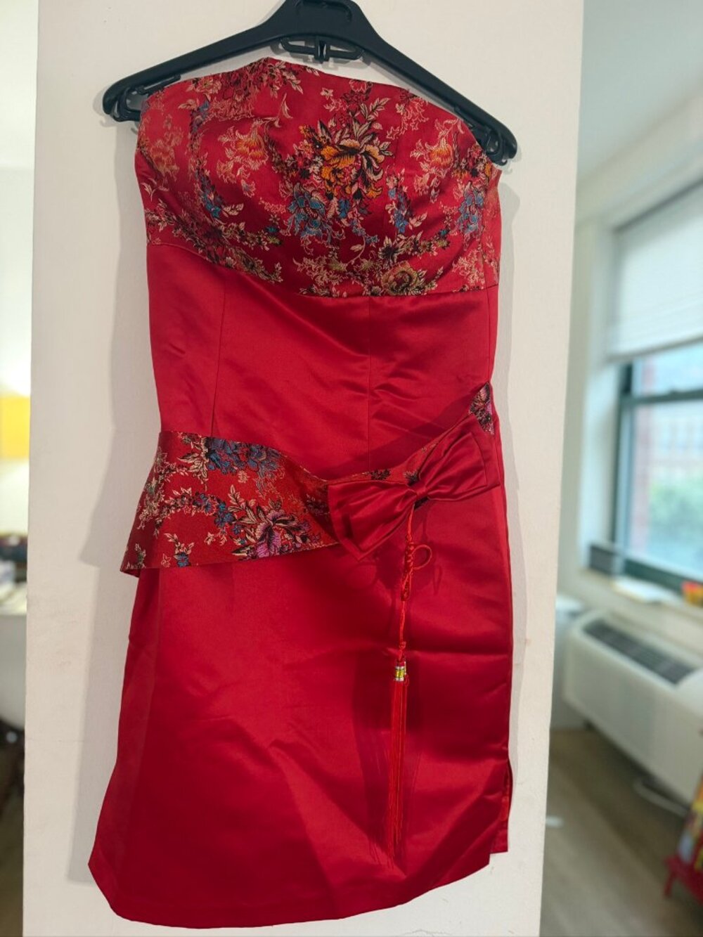 Custom-Made Red Strapless Cheongsam Qipao Dress with Bow Sash